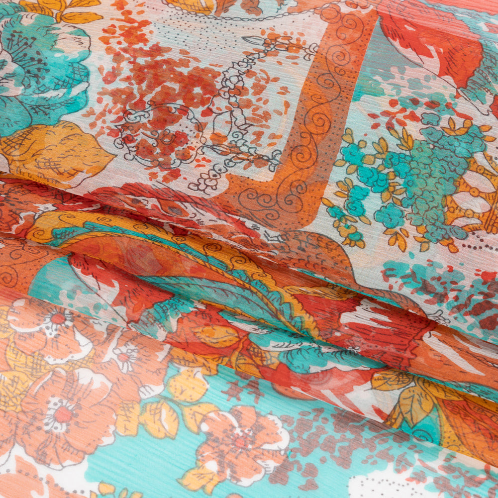 Turquoise, Peach and Orange Ornamental Gardens Crinkled Silk Chiffon Full