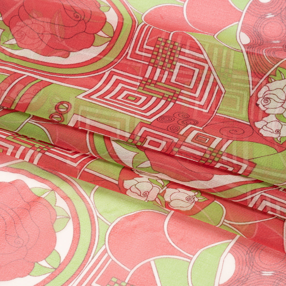 Red and Lime Geometry and Roses Silk Chiffon Full