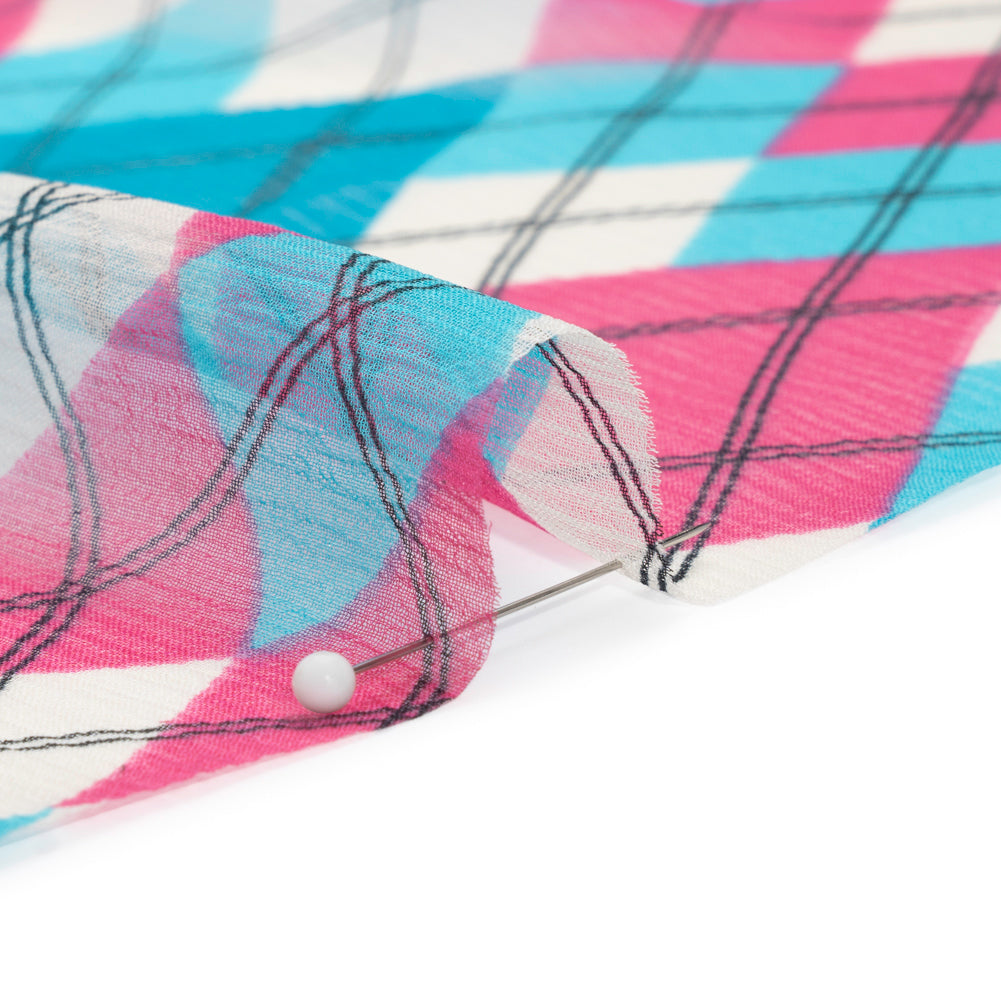 Turquoise, Pink and Cream Argyle Crinkled Silk Chiffon Folded