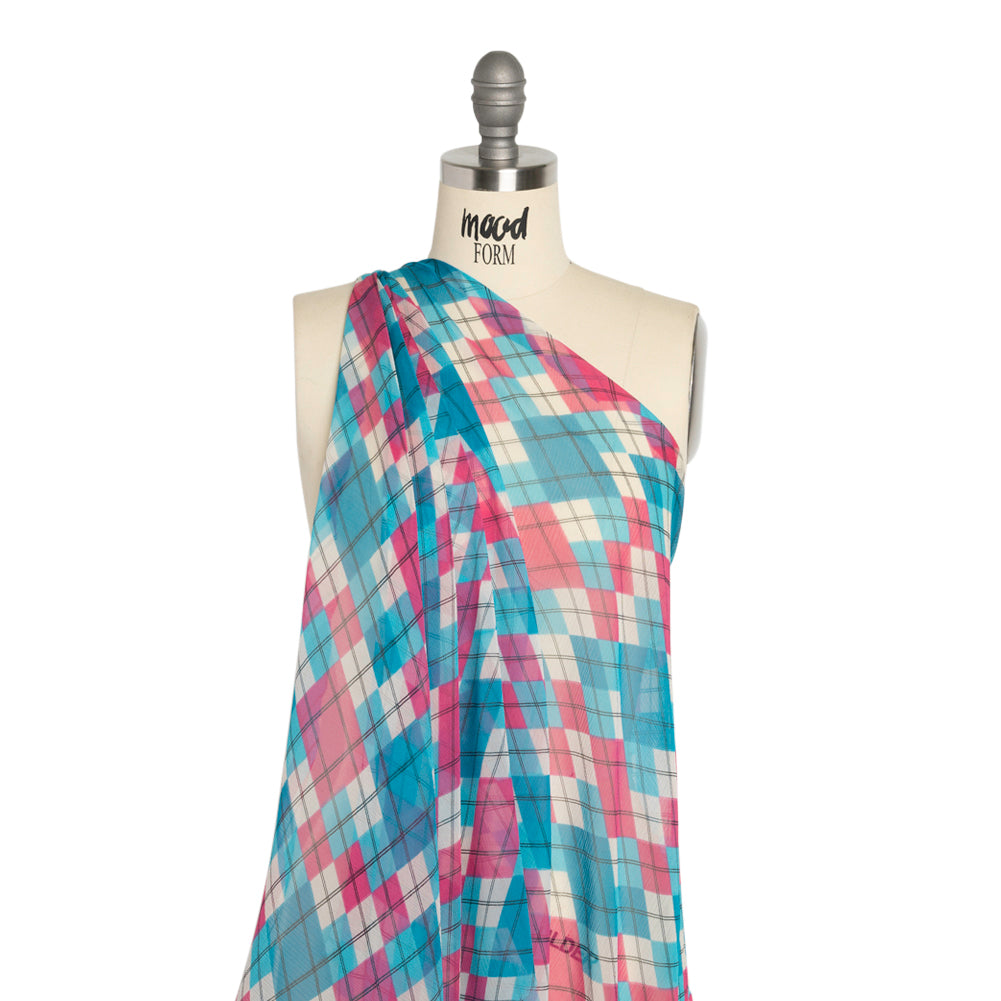 Turquoise, Pink and Cream Argyle Crinkled Silk Chiffon Detail