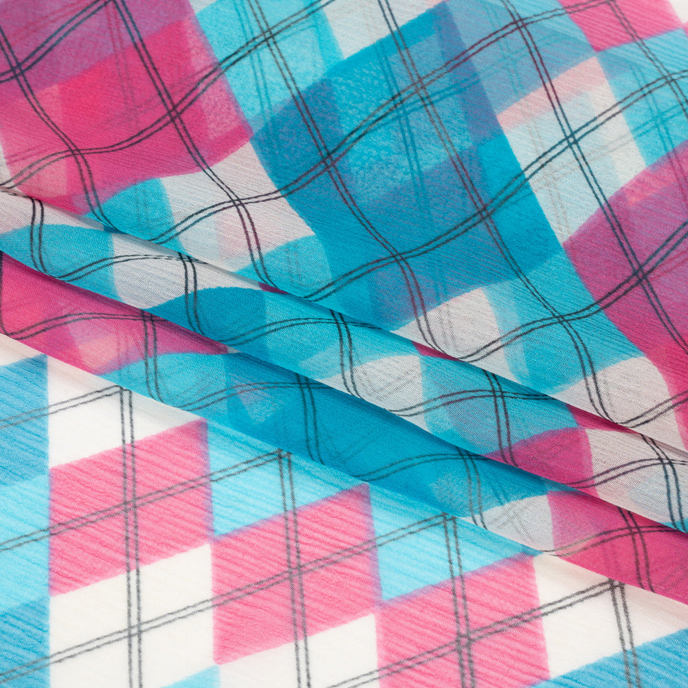Turquoise, Pink and Cream Argyle Crinkled Silk Chiffon Full