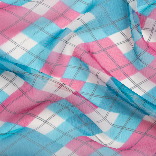 Turquoise, Pink and Cream Argyle Crinkled Silk Chiffon