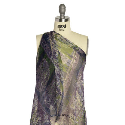 Eggplant, Olive and Plum Decorated Stripes Crinkled Silk Chiffon Detail