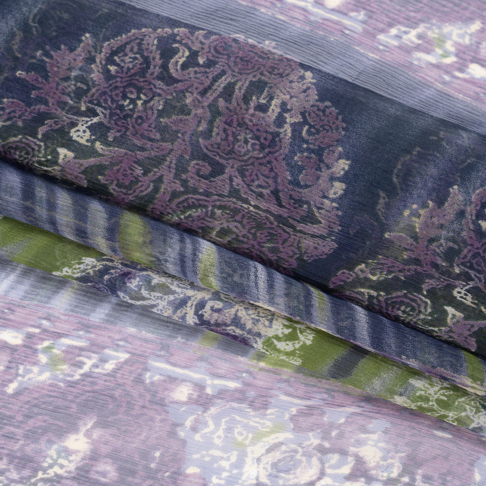 Eggplant, Olive and Plum Decorated Stripes Crinkled Silk Chiffon Full
