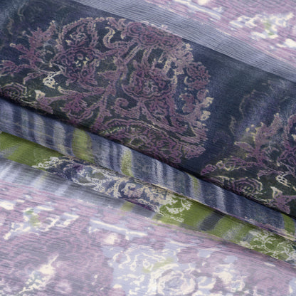 Eggplant, Olive and Plum Decorated Stripes Crinkled Silk Chiffon Full