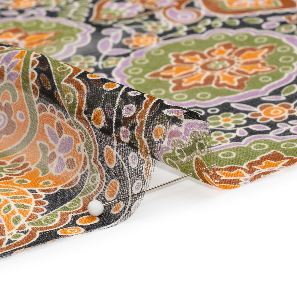 Brown, Green and Orange Floral Silk Chiffon Folded