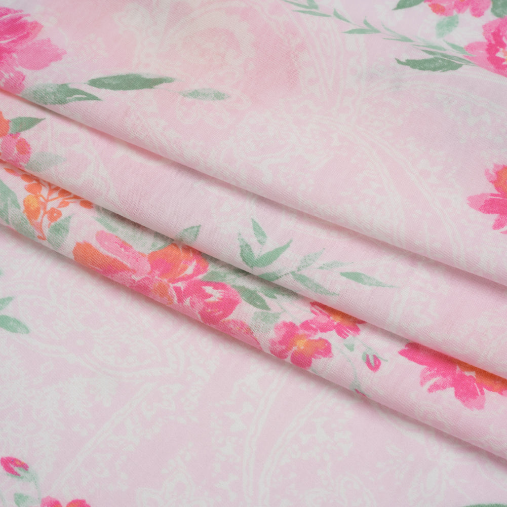 Cotton and Polyester Jersey - Pink Floral Over Paisley Folded