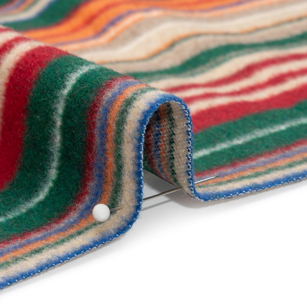 Italian Tan, Green and Red Barcode Stripes Brushed Wool Blend Twill Detail