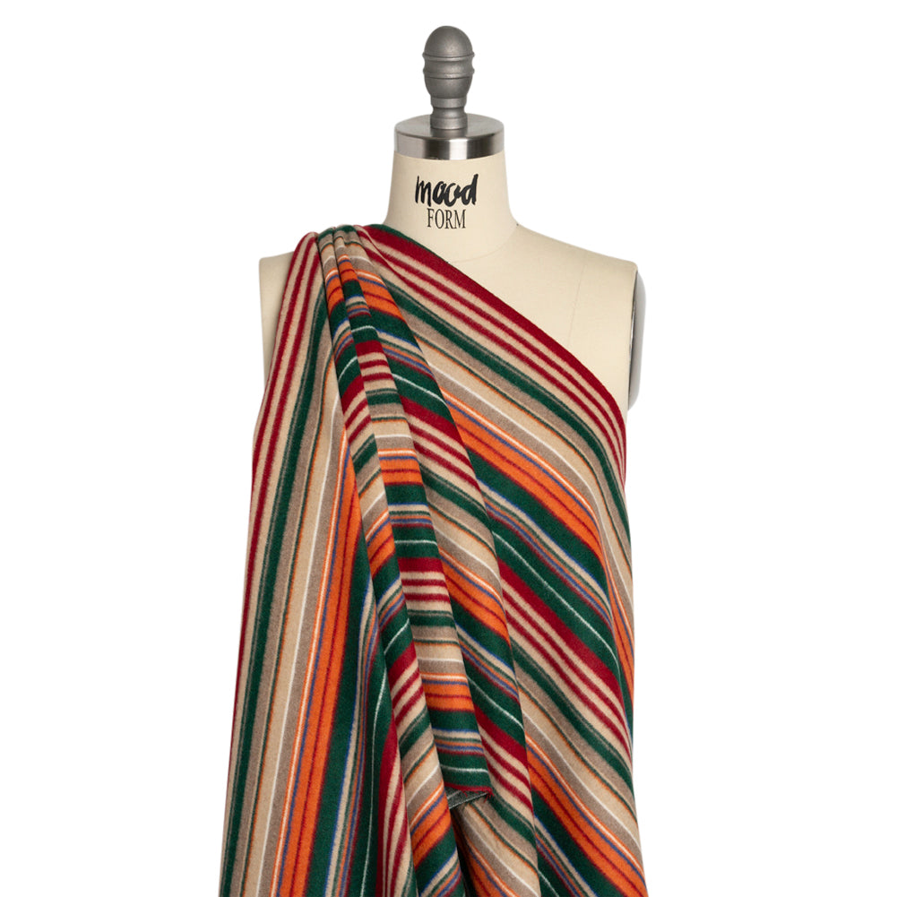 Italian Tan, Green and Red Barcode Stripes Brushed Wool Blend Twill Drape