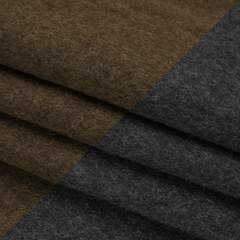 Italian Olive and Charcoal Brushed Wool and Polyester Double Cloth Coating Folded