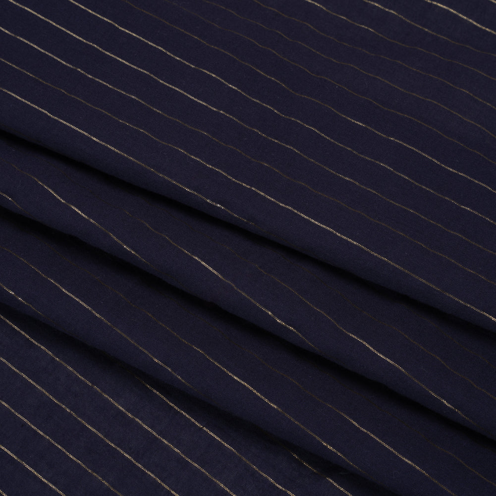 Famous Australian Designer Navy Cotton Voile with Metallic Gold Pinstripes Folded