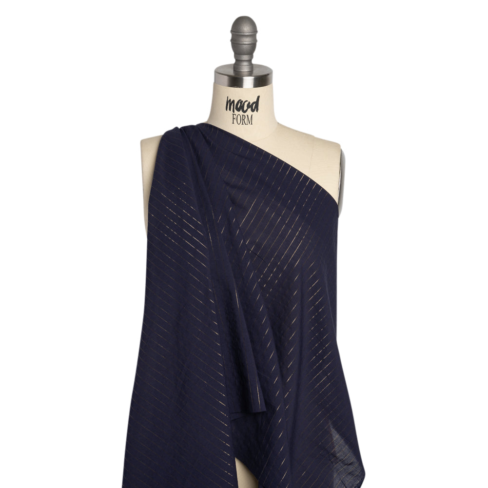 Famous Australian Designer Navy Cotton Voile with Metallic Gold Pinstripes Drape