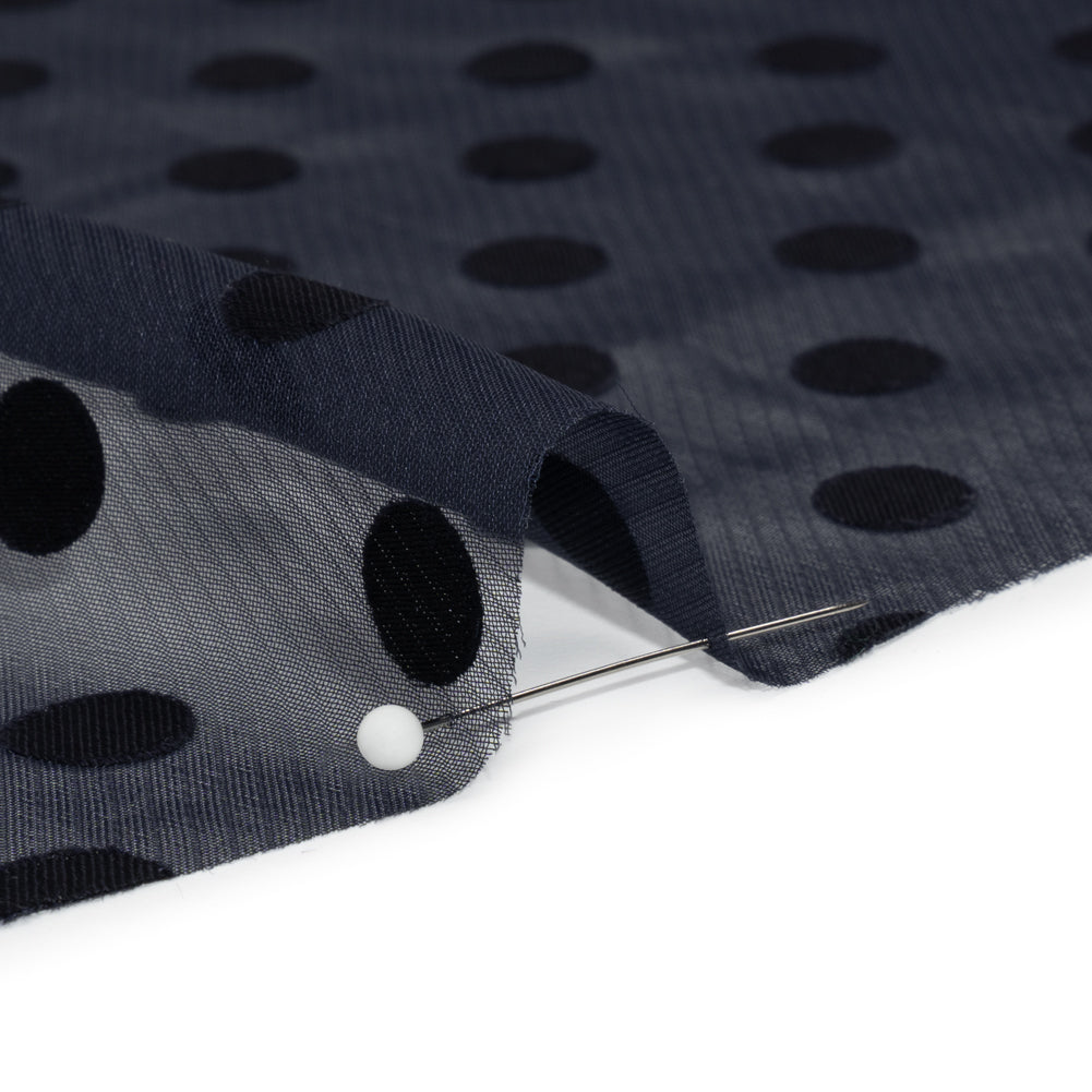 Famous Australian Designer Navy Polyester Chiffon with Satin Burnout Polka Dots Detail