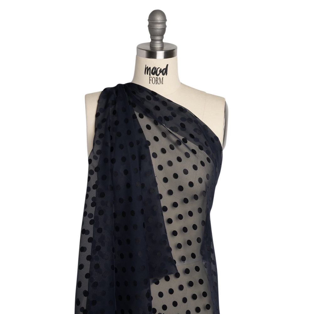 Famous Australian Designer Navy Polyester Chiffon with Satin Burnout Polka Dots Drape