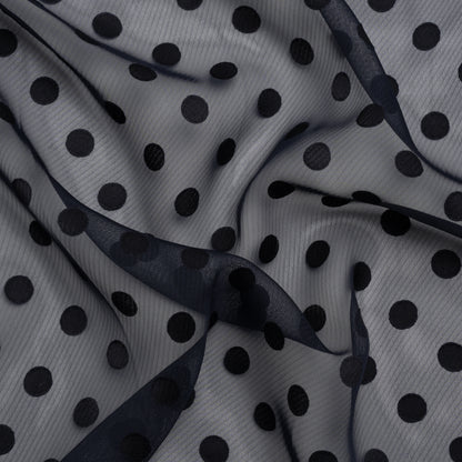 Famous Australian Designer Navy Polyester Chiffon with Satin Burnout Polka Dots