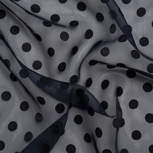 Famous Australian Designer Navy Polyester Chiffon with Satin Burnout Polka Dots