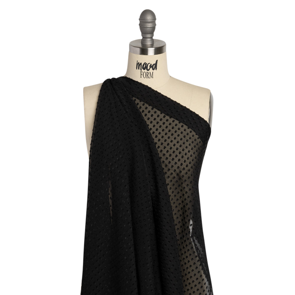 Famous Australian Designer Black Textured Burnout Polka Dots Silk and Viscose Georgette Drape