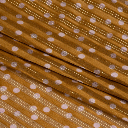 Famous Australian Designer Brown and Pink Polka Dot Silk Burnout Stripe Satin with Metallic Pinstripes Folded