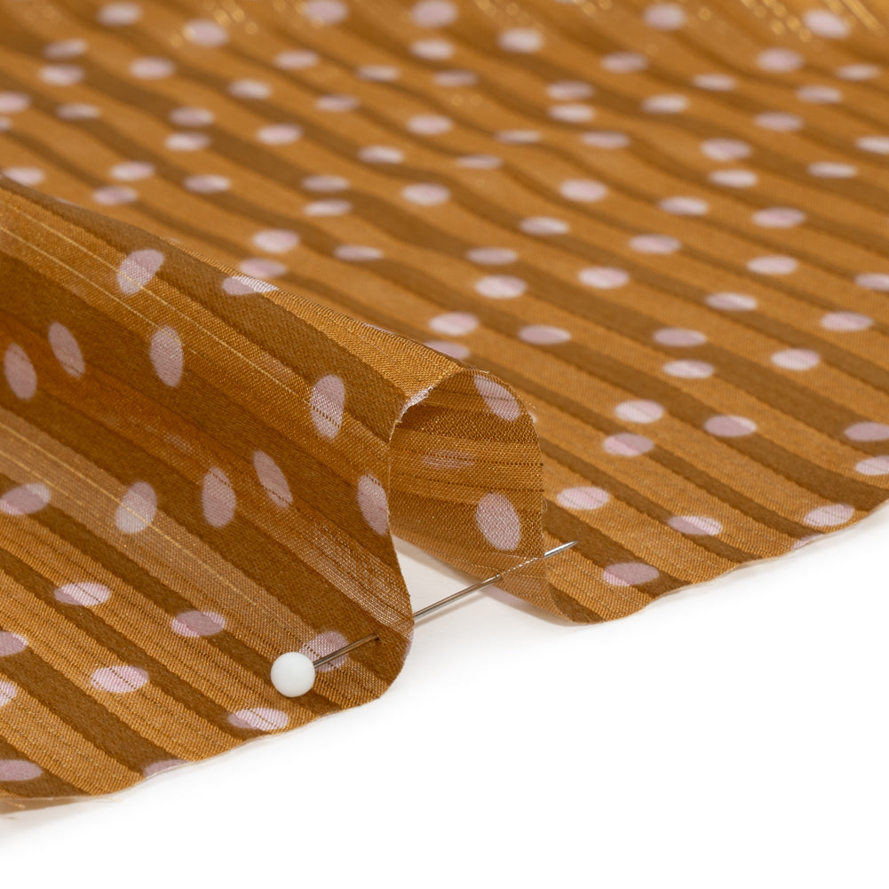 Famous Australian Designer Brown and Pink Polka Dot Silk Burnout Stripe Satin with Metallic Pinstripes Detail
