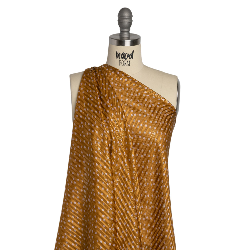 Famous Australian Designer Brown and Pink Polka Dot Silk Burnout Stripe Satin with Metallic Pinstripes Drape