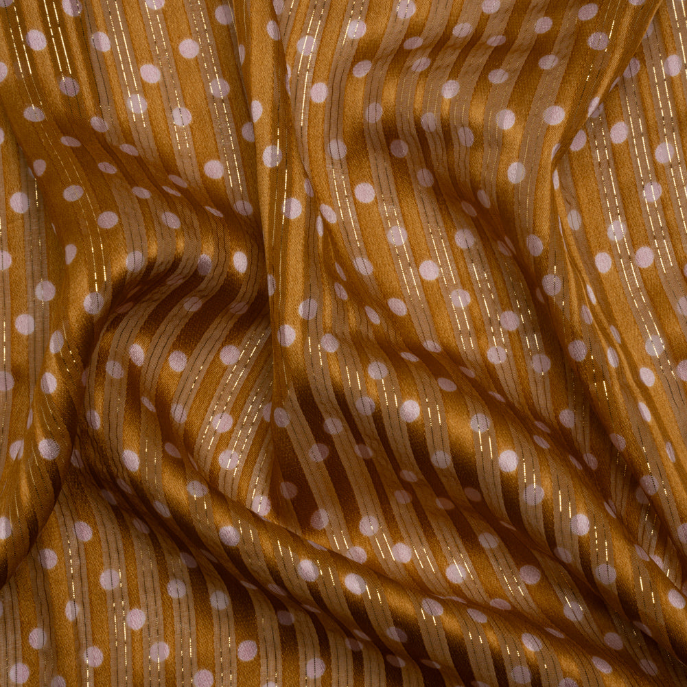 Famous Australian Designer Brown and Pink Polka Dot Silk Burnout Stripe Satin with Metallic Pinstripes