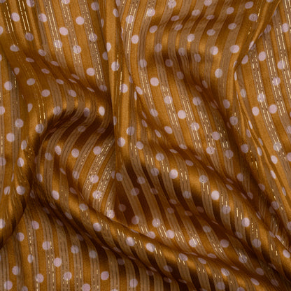 Famous Australian Designer Brown and Pink Polka Dot Silk Burnout Stripe Satin with Metallic Pinstripes