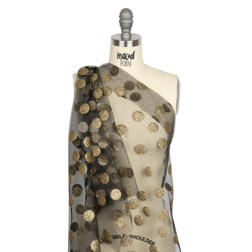 Famous Australian Designer Black and Gold Glitter Polka Dots Tulle Drape