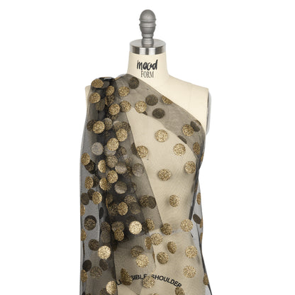 Famous Australian Designer Black and Gold Glitter Polka Dots Tulle Drape