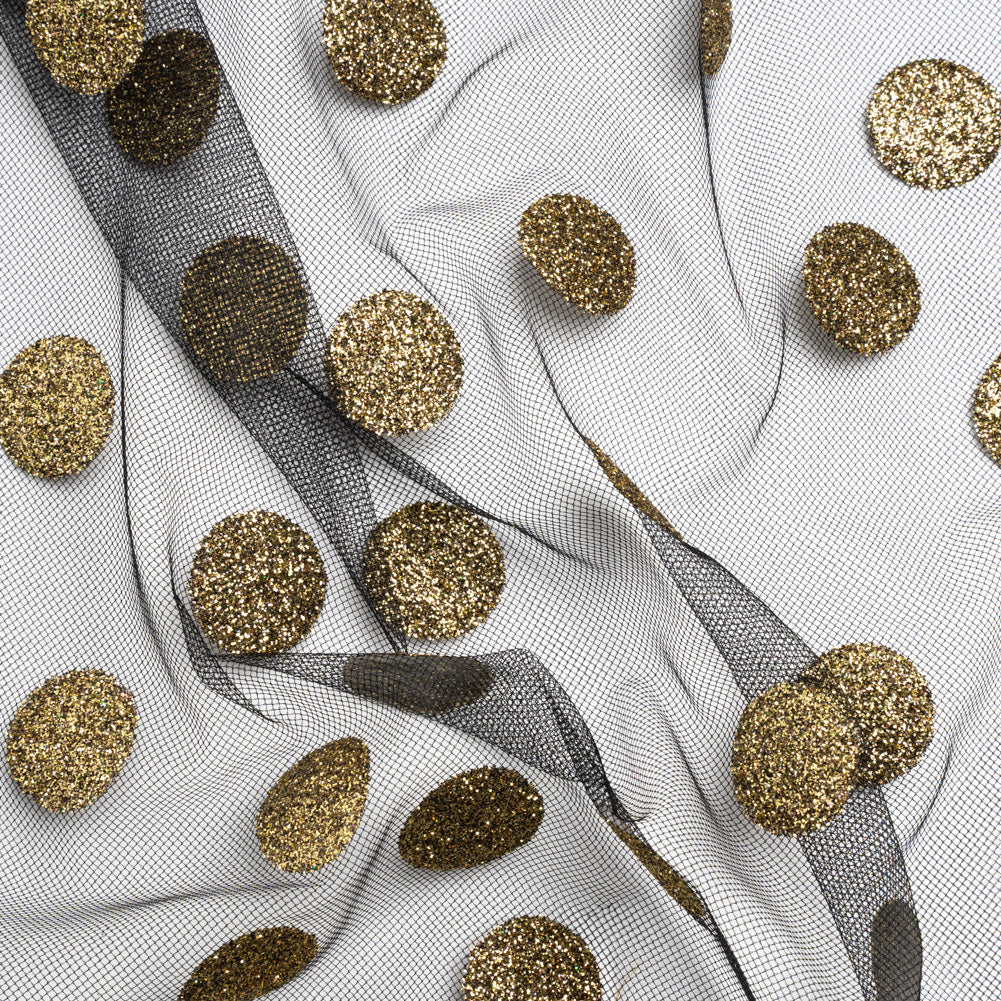 Famous Australian Designer Black and Gold Glitter Polka Dots Tulle
