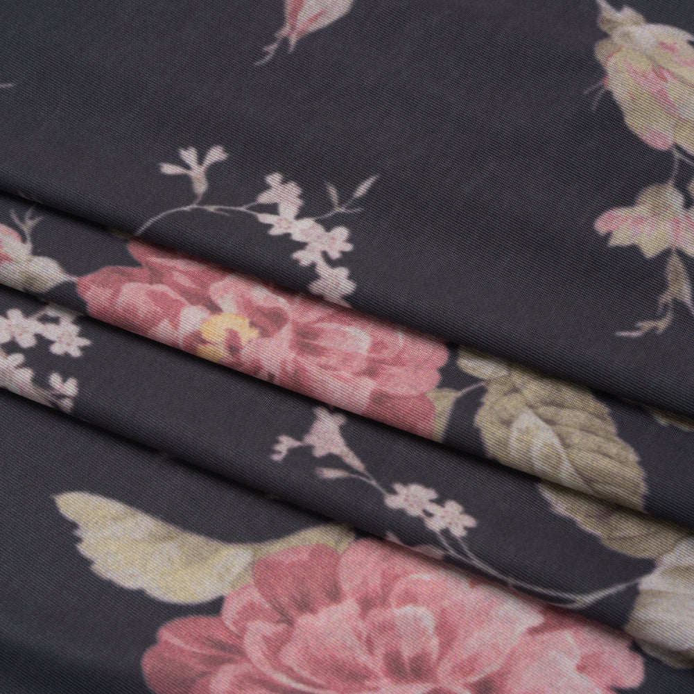 Famous Australian Designer Charcoal, Pink and Green Floral Stretch Polyester Jersey Folded