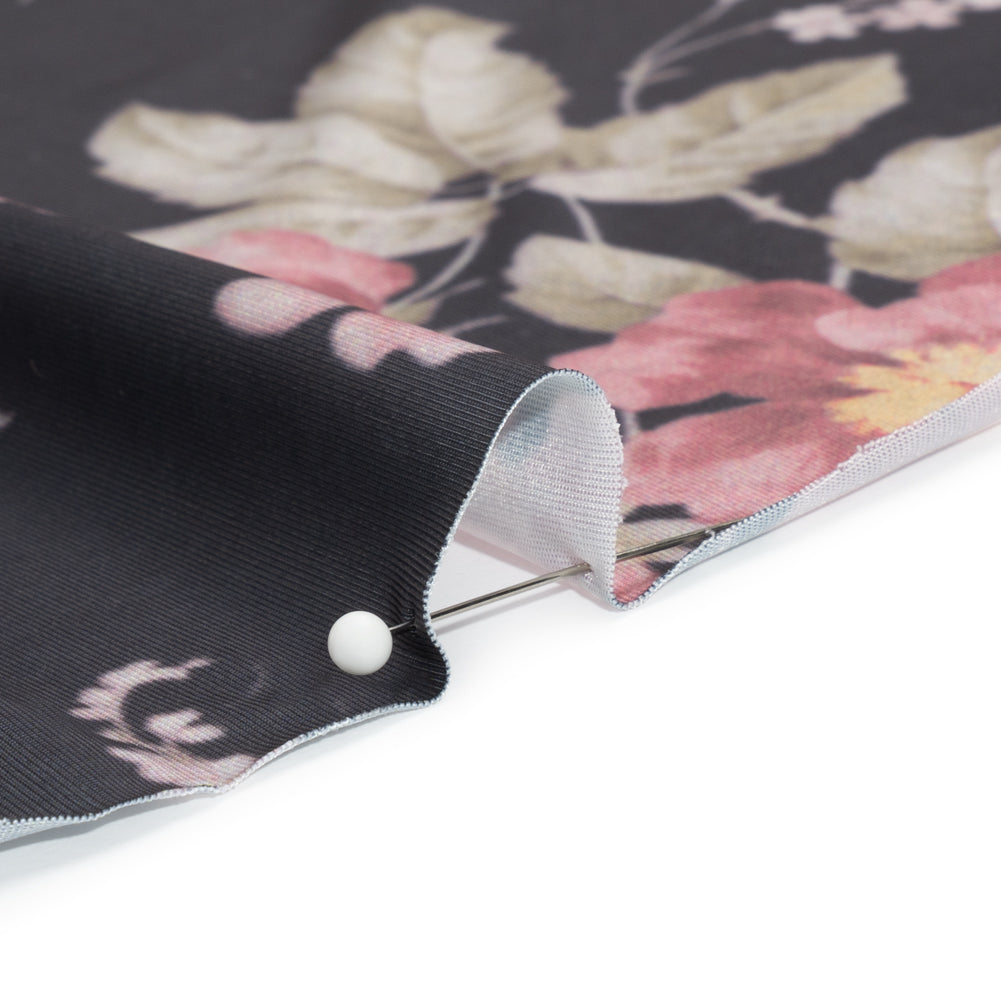 Famous Australian Designer Charcoal, Pink and Green Floral Stretch Polyester Jersey Detail