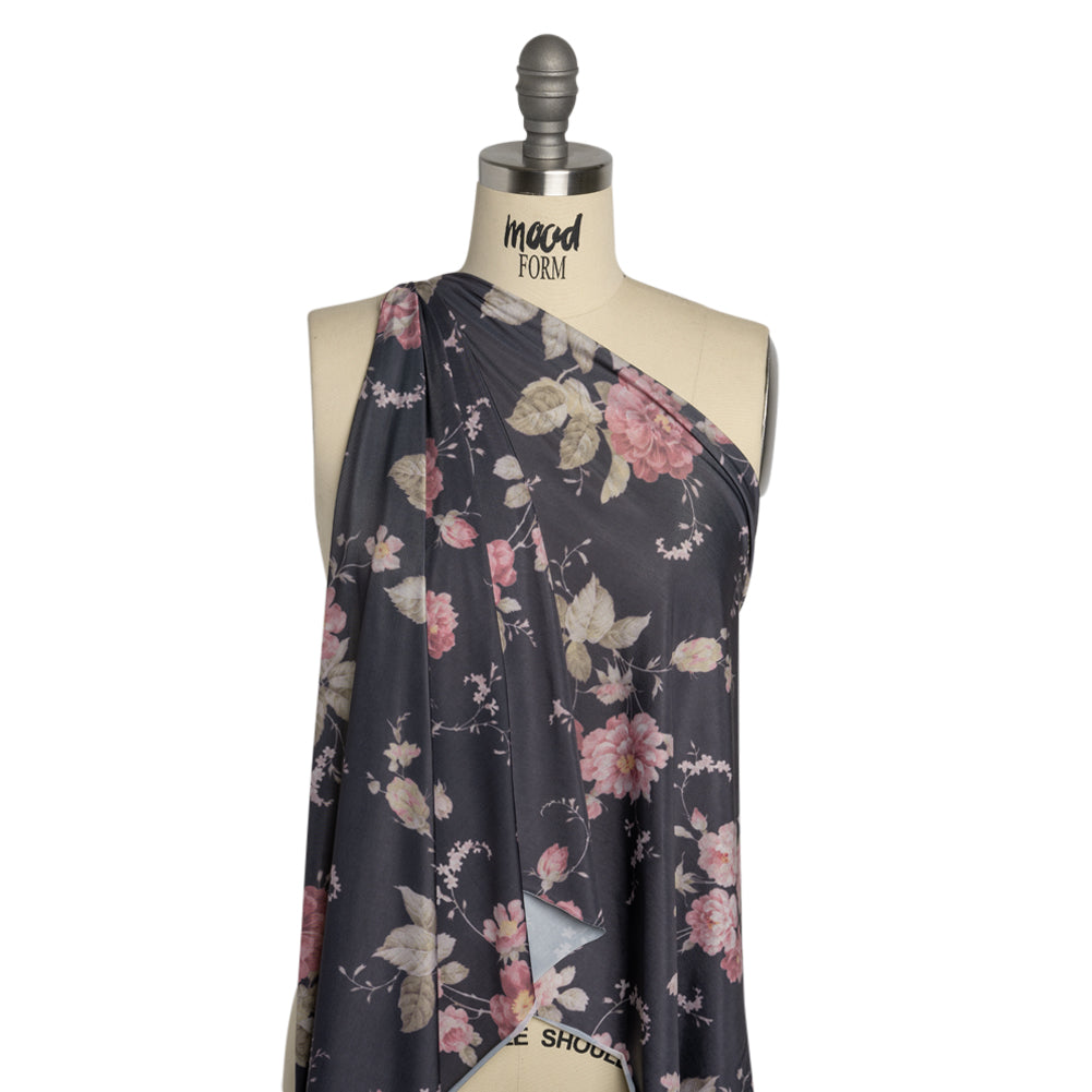Famous Australian Designer Charcoal, Pink and Green Floral Stretch Polyester Jersey Drape