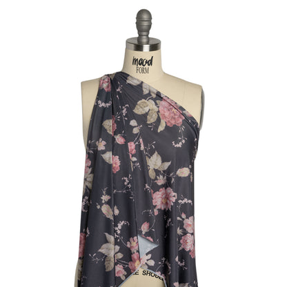 Famous Australian Designer Charcoal, Pink and Green Floral Stretch Polyester Jersey Drape