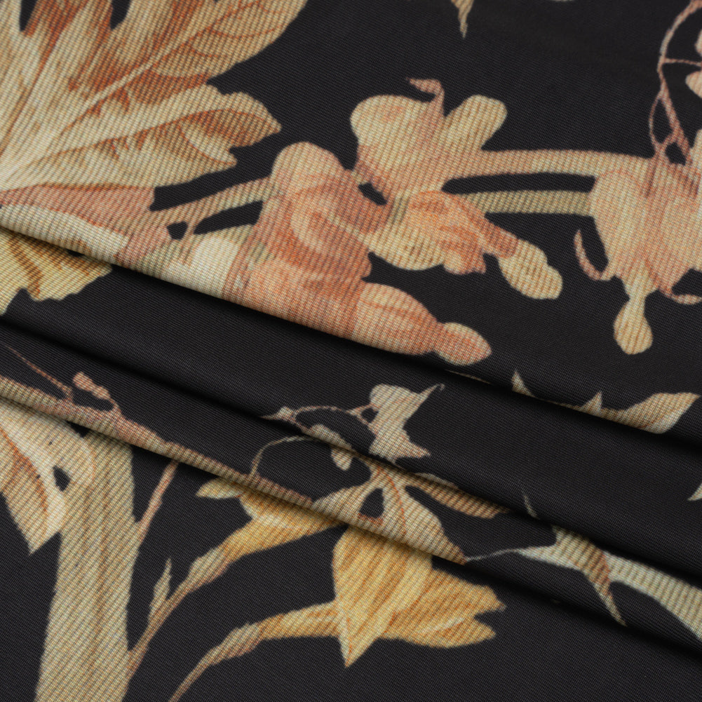 Famous Australian Designer Black and Beige Floral Stretch Polyester Jersey Folded