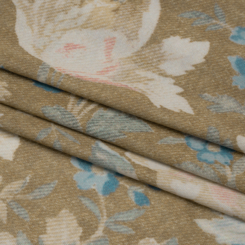 Famous Australian Designer Beige, Pink and Blue Floral Tapestry Stretch Polyester Jersey Folded