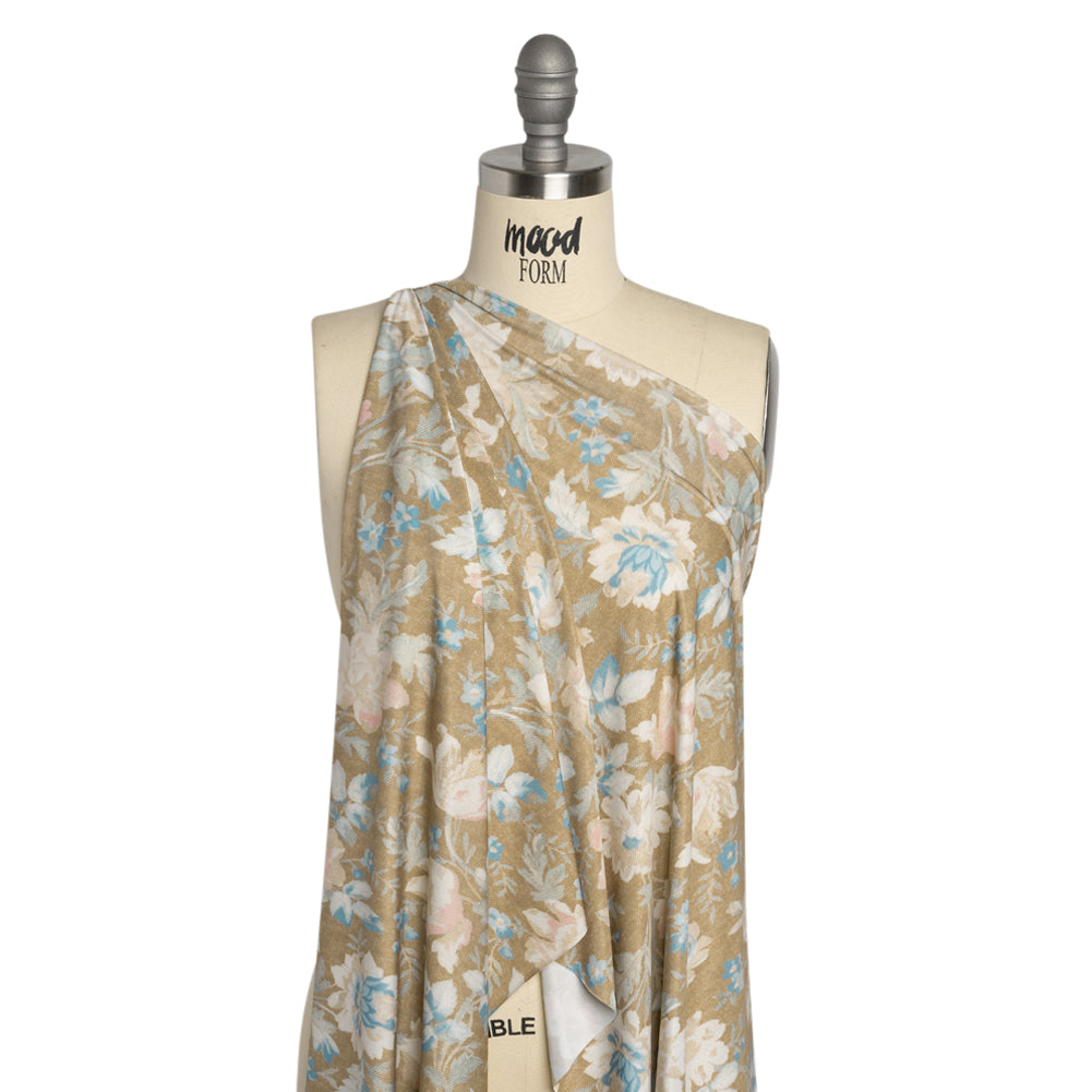 Famous Australian Designer Beige, Pink and Blue Floral Tapestry Stretch Polyester Jersey Drape