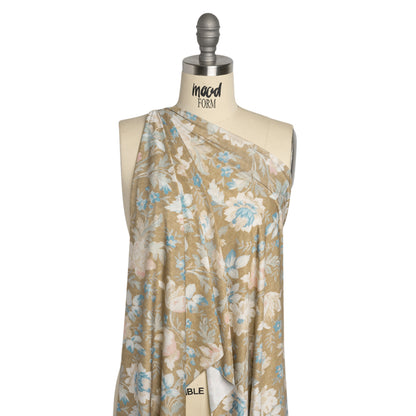 Famous Australian Designer Beige, Pink and Blue Floral Tapestry Stretch Polyester Jersey Drape