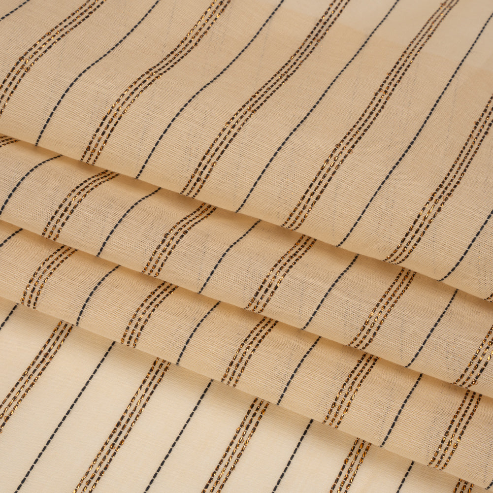 Famous Australian Designer Buff, Black and Metallic Copper Striped Cotton Voile Folded