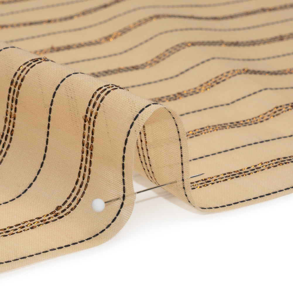 Famous Australian Designer Buff, Black and Metallic Copper Striped Cotton Voile Detail