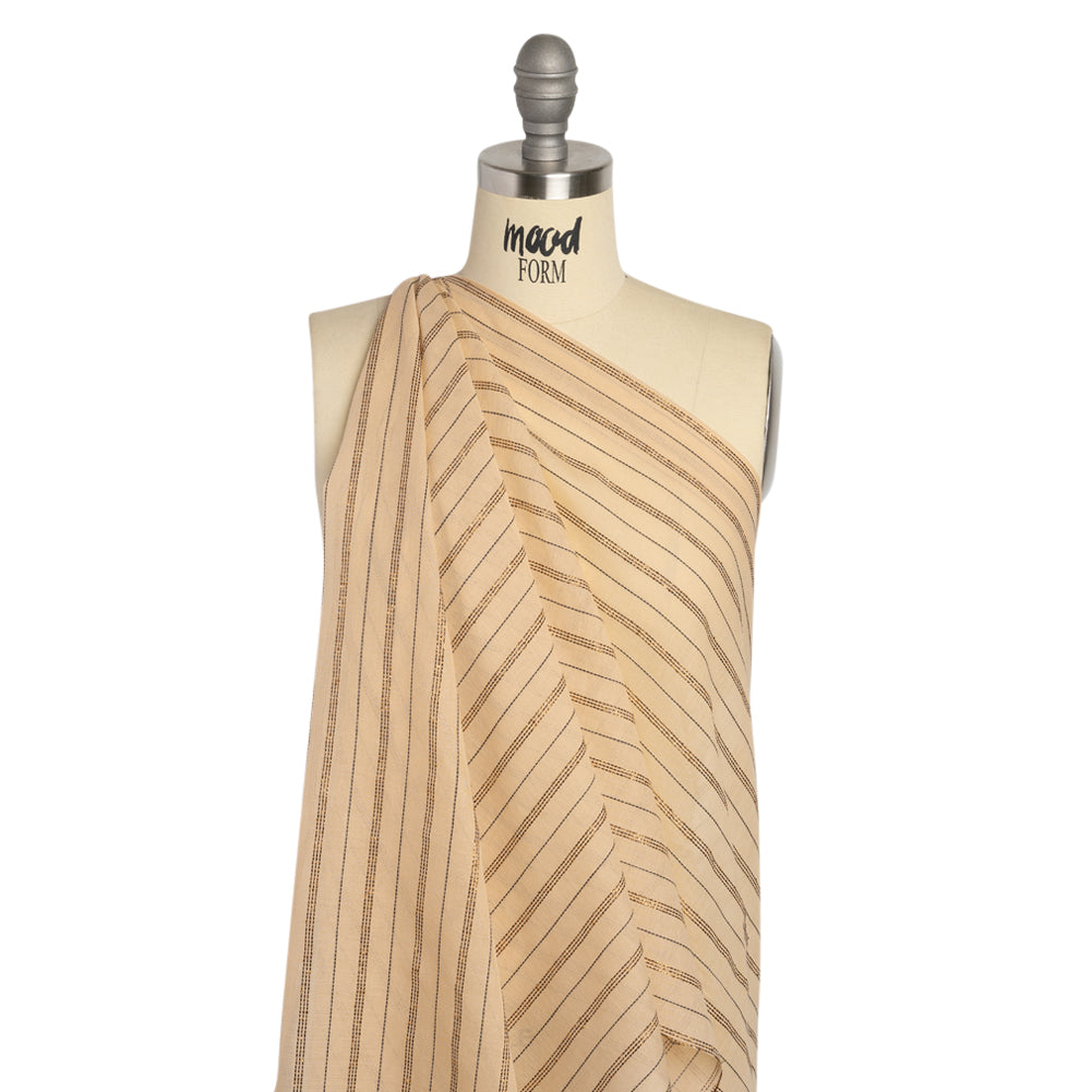 Famous Australian Designer Buff, Black and Metallic Copper Striped Cotton Voile Drape