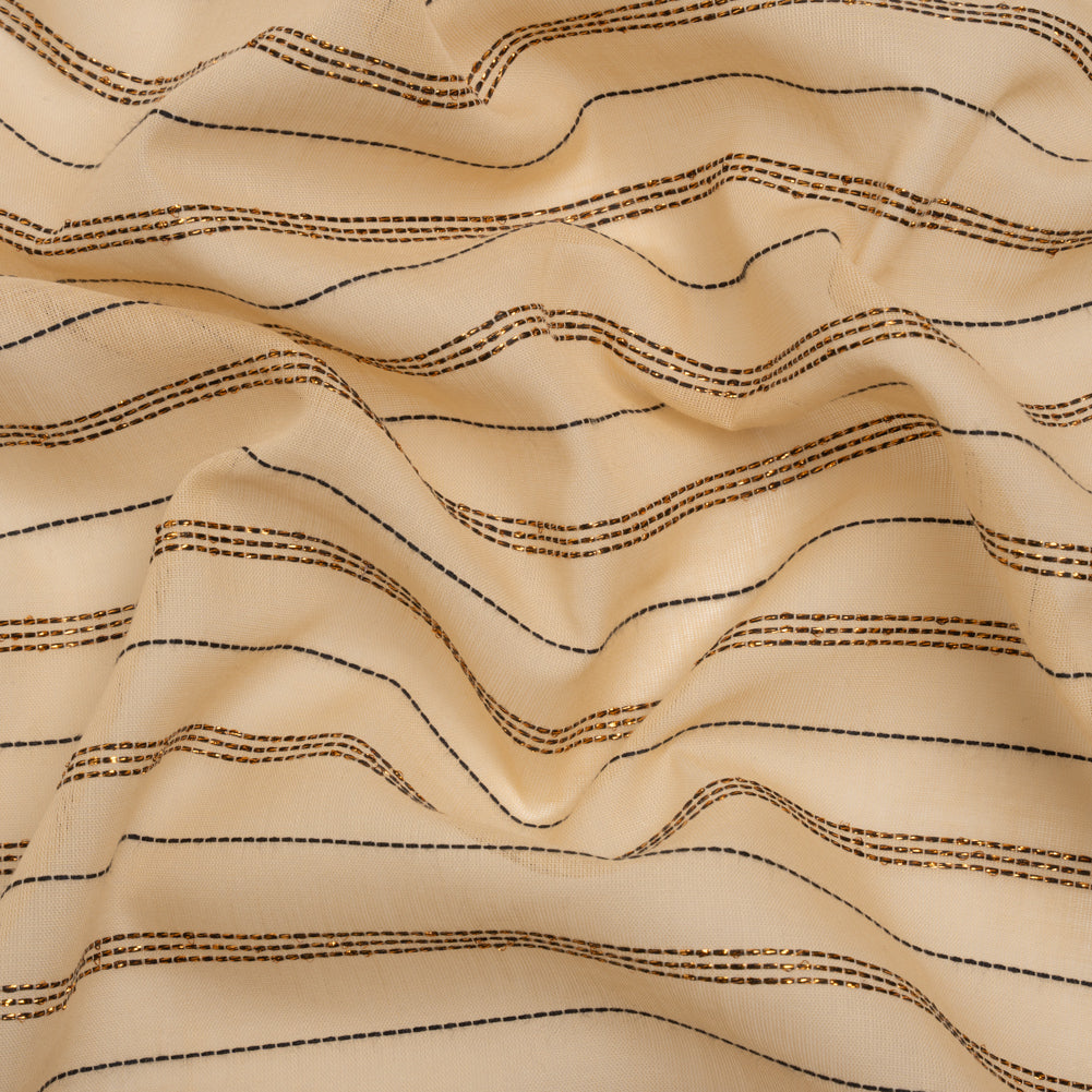 Famous Australian Designer Buff, Black and Metallic Copper Striped Cotton Voile
