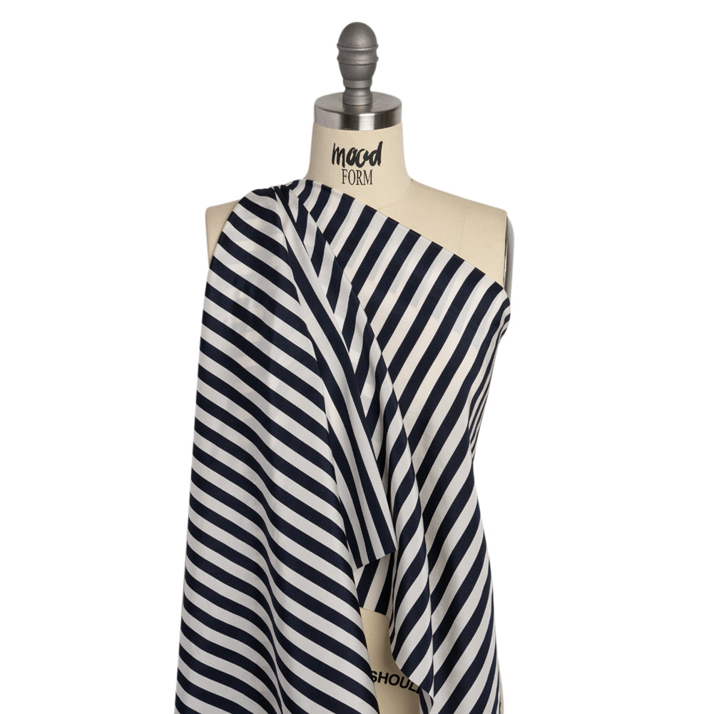 Famous Australian Designer Navy and White Striped Stretch Silk Crepe de Chine Detail