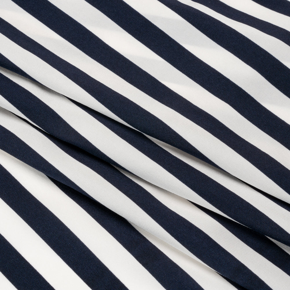 Famous Australian Designer Navy and White Striped Stretch Silk Crepe de Chine Full