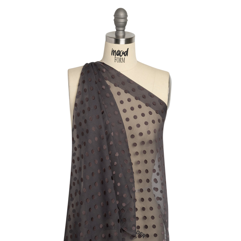 Famous Australian Designer Charcoal Satin Burnout Polka Dots Polyester Chiffon Drape