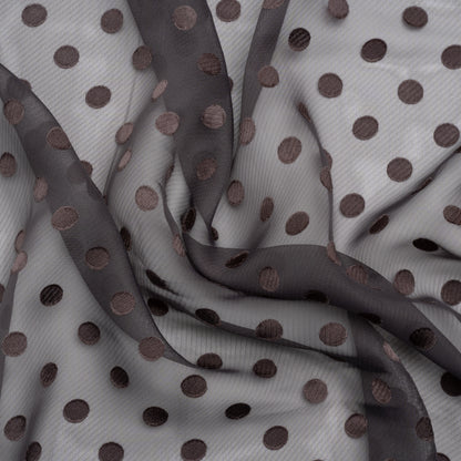 Famous Australian Designer Charcoal Satin Burnout Polka Dots Polyester Chiffon
