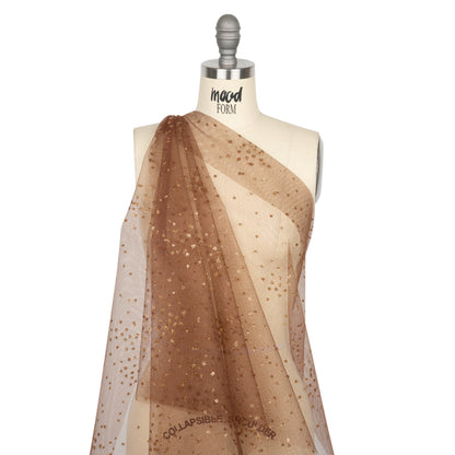Famous Australian Designer Chocolate and Gold Glitter Spotted Polyester Tulle Drape