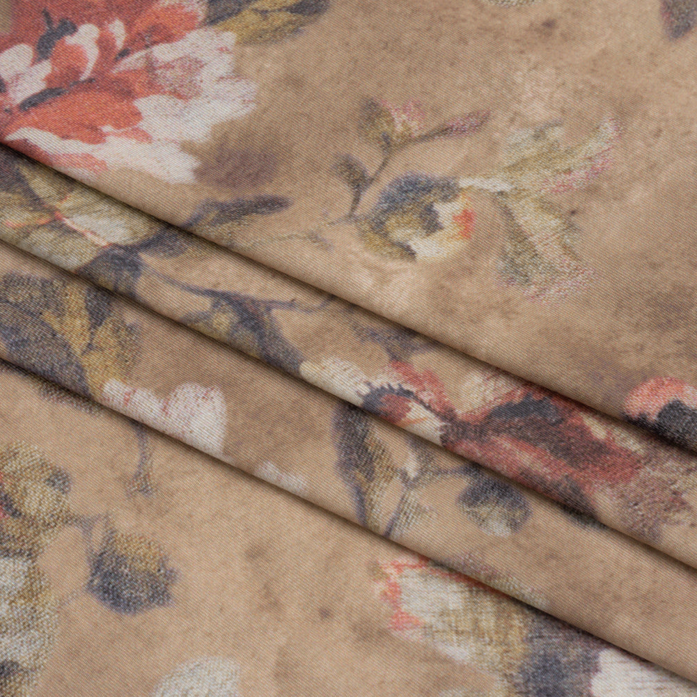 Famous Australian Designer Warm Taupe and Rose Floral Fresco Stretch Polyester Jersey Folded