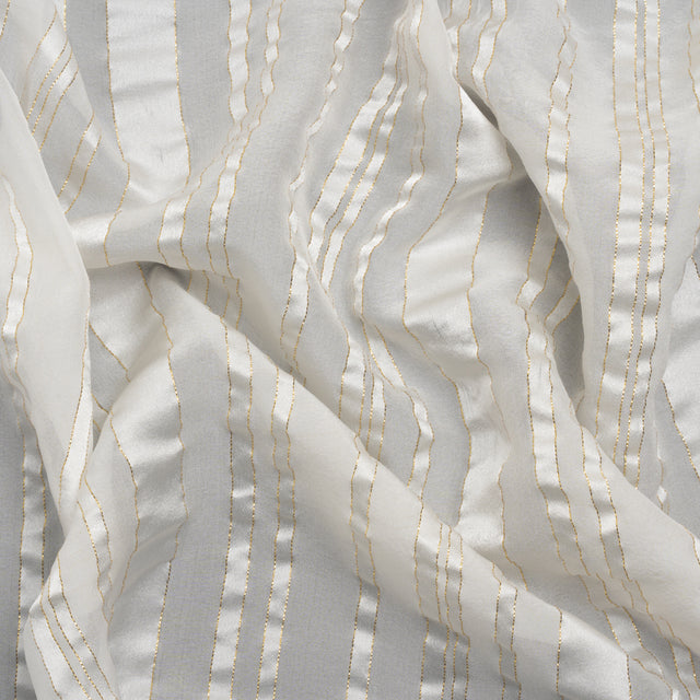 Famous Australian Designer White and Metallic Gold Satin Burnout Stripes Silk Woven