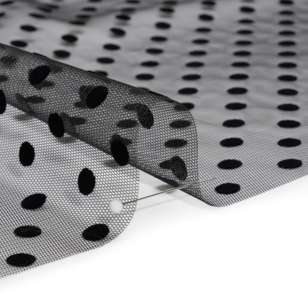 Famous Australian Designer Black Big Flocked Polka Dots Polyester Tulle Detail