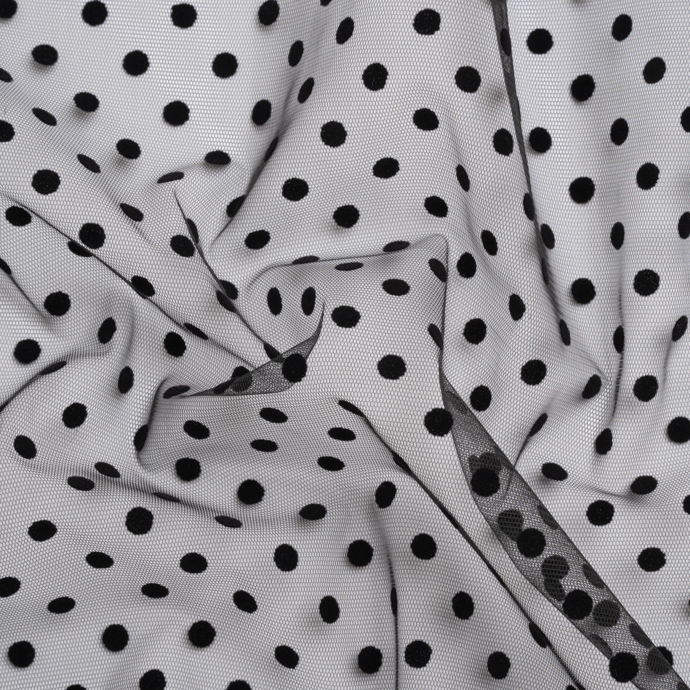 Famous Australian Designer Black Big Flocked Polka Dots Polyester Tulle